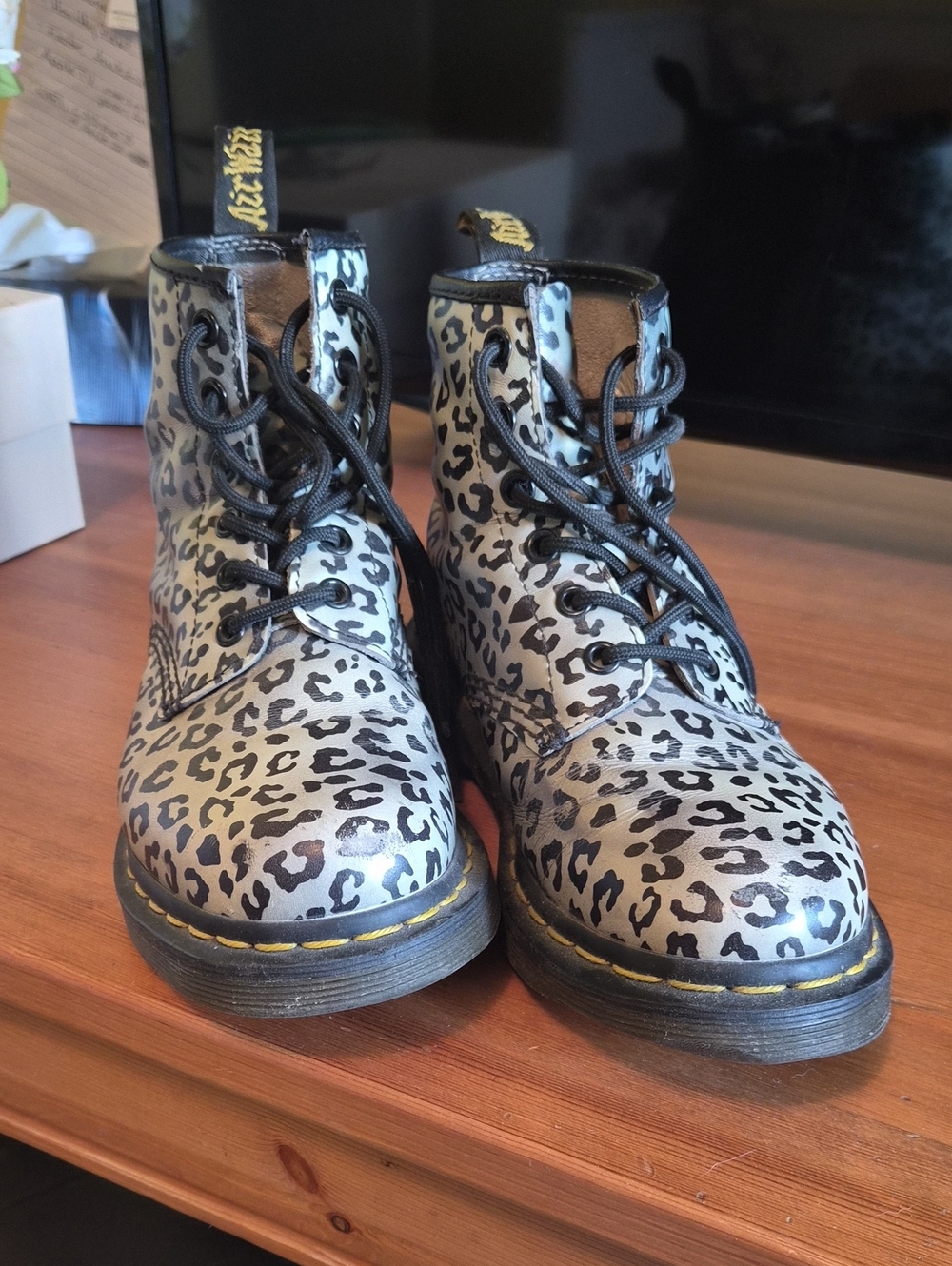 Dr. Martens Teal And Black Leather Leopard-Trim Combat Boots